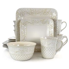 Ivory Lotus 16 Piece Square Stoneware Dinnerware Set