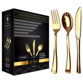 JL Prime 120 Piece Gold Plastic Silverware Set, Re-Usable Recyclable Plastic Cutlery, Gold Plastic Utensil, 40 Forks, 40 Spoons, 40 Knives