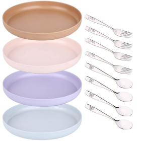 Bamboo Plates and Stainless Steel Silverware Set ��� (12-Piece) 4 Plates 8 Inch, 4 Forks and 4 Spoons ��� Eco-Friendly BPA Free