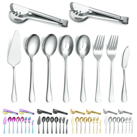 ReaNea Silver Flatware Serving Set of 10 Pieces,Silverware Serving Utensils Large Spoon Set