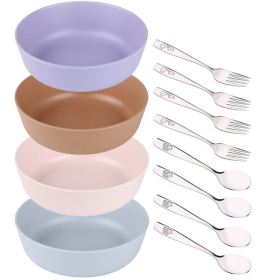 Bamboo Bowls and Stainless Steel Silverware Set ��� (12-Piece) 4 Kids Bowls