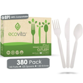 100% Compostable Forks Spoons and Knives - 380 Piece Eco Cutlery Combo Set - Eco Friendly Alternative to Plastic Silverware | Ecovita | White