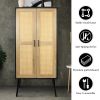 59'' Tall Rustic Farmhouse Storage Cabinet with Shelf Wide Countertop Wooden Bedroom Living Room Kitchen Furniture with Rattan Design Nature Color