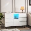 Living Room Sideboard Storage Cabinet White High Gloss with LED Light, Modern Kitchen Unit Cupboard Buffet Wooden Storage Display Cabinet